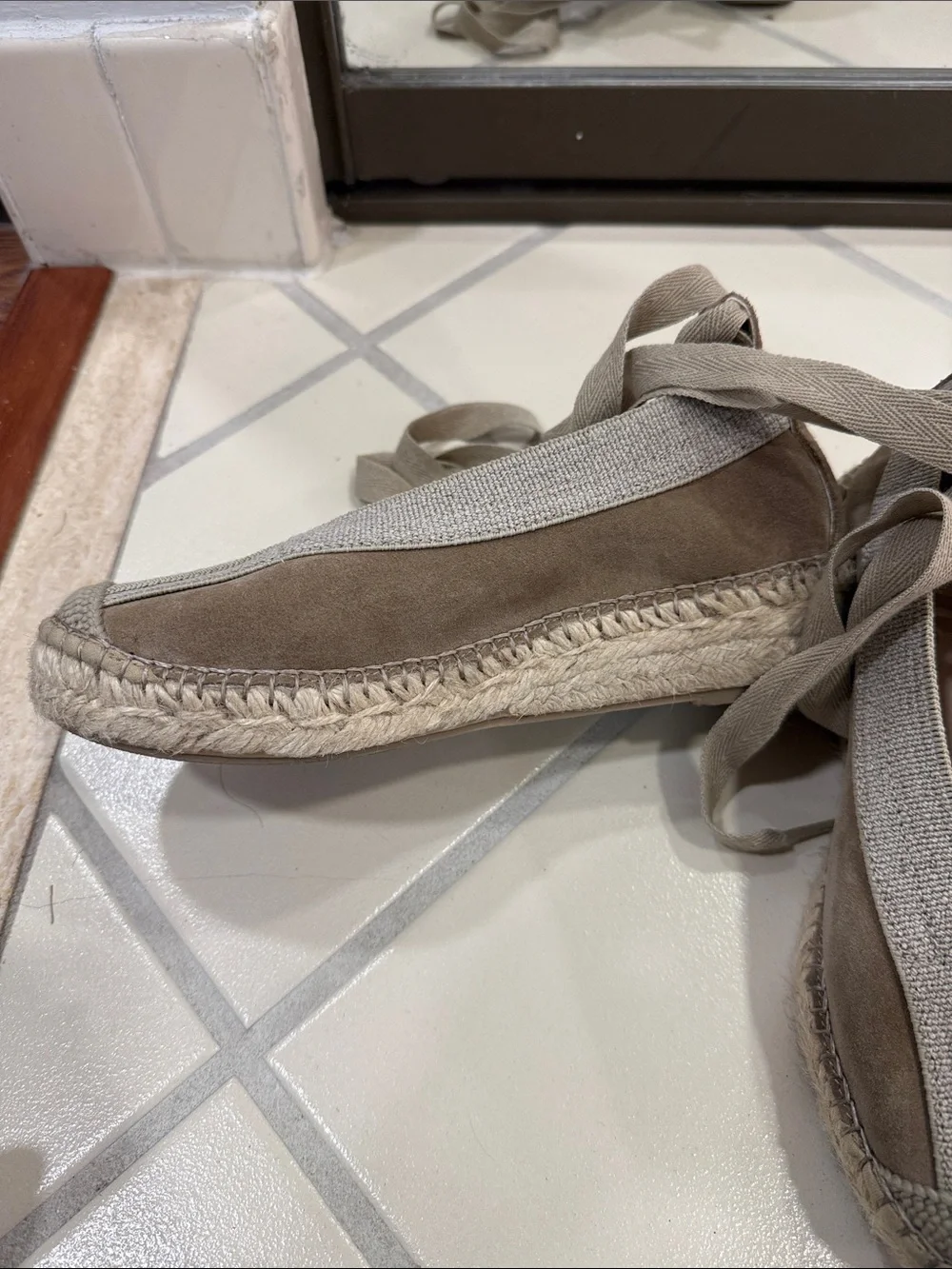 Suede Wrap Espadrille Flats in Taupe